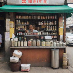 A quaint and charming tea stall on a bustling street, filled with a variety of tea canisters, a steaming kettle, and an inviting aroma swirling around.