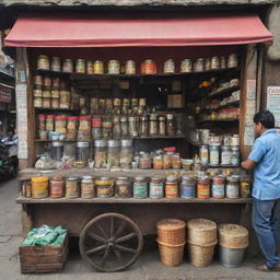 A quaint and charming tea stall on a bustling street, filled with a variety of tea canisters, a steaming kettle, and an inviting aroma swirling around.