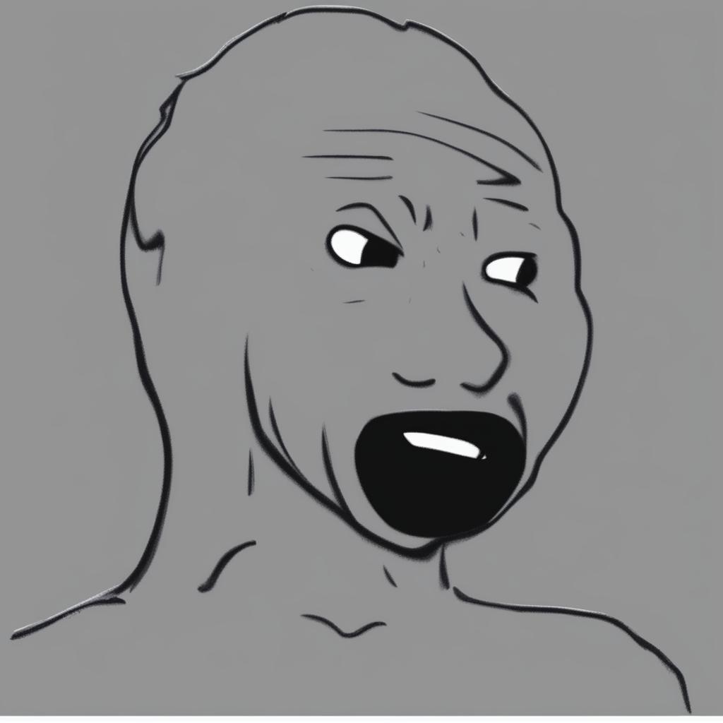 A digital art piece of the 'Wojak' meme, depicted with an exaggeratedly excited expression and soft, rounded features typical of the 'soy boy' caricature