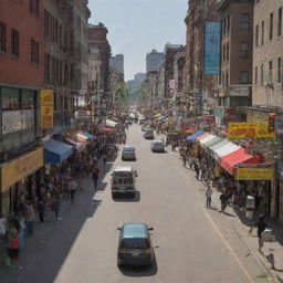 Bustling urban street scene during the day. People walking on sidewalks, cars travelling along the road, and shops line the street with colorful signs.