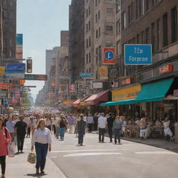 Bustling urban street scene during the day. People walking on sidewalks, cars travelling along the road, and shops line the street with colorful signs.