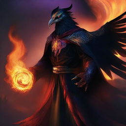 An exceptional digital art image reveals an Aaracokra sorcerer, adorned with sleek black feathers