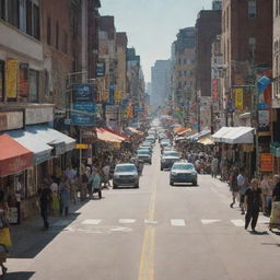 Bustling urban street scene during the day. People walking on sidewalks, cars travelling along the road, and shops line the street with colorful signs.