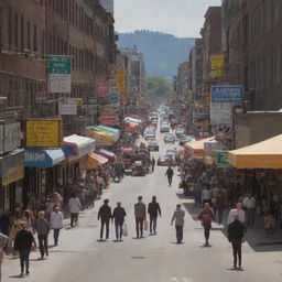 Bustling urban street scene during the day. People walking on sidewalks, cars travelling along the road, and shops line the street with colorful signs.