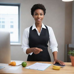 An animated image of a professional black nutritionist in work attire, giving dietary advice to a client within an office setting