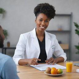 An animated image of a professional black nutritionist in work attire, giving dietary advice to a client within an office setting