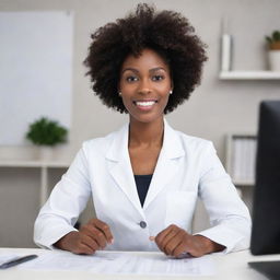 An animated image of a professional black nutritionist in work attire, giving dietary advice to a client within an office setting