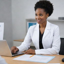 An animated image of a professional black nutritionist in work attire, giving dietary advice to a client within an office setting