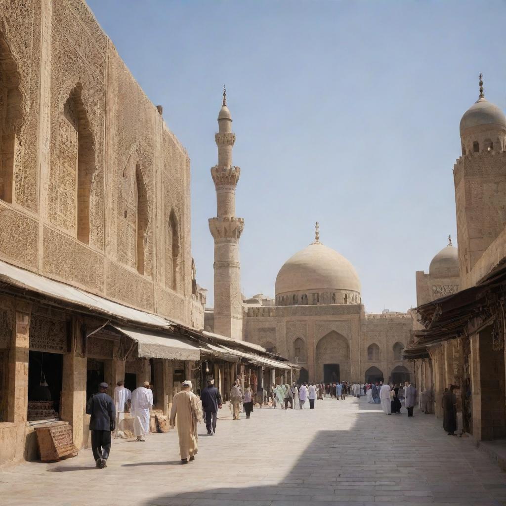 A narrow, bustling street in an Islamic city. Stone buildings with beautifully carved decorations, mosques with towering minarets, and locals in traditional clothing.