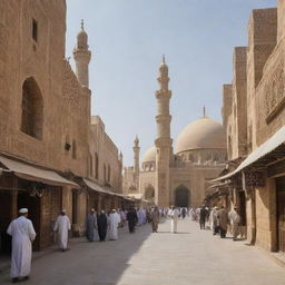 A narrow, bustling street in an Islamic city. Stone buildings with beautifully carved decorations, mosques with towering minarets, and locals in traditional clothing.