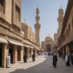 A narrow, bustling street in an Islamic city. Stone buildings with beautifully carved decorations, mosques with towering minarets, and locals in traditional clothing.