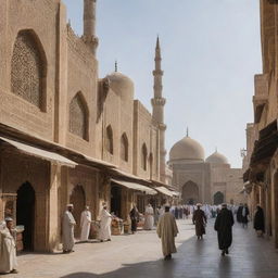 A narrow, bustling street in an Islamic city. Stone buildings with beautifully carved decorations, mosques with towering minarets, and locals in traditional clothing.