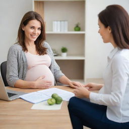 A professional nutritionist discussing dietary habits and providing helpful advice to a pregnant woman, both seated in a comfortable, welcoming office setting