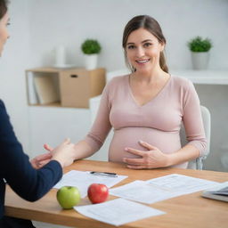 A professional nutritionist discussing dietary habits and providing helpful advice to a pregnant woman, both seated in a comfortable, welcoming office setting