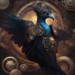 Manifest a highest quality digital art of a black feathered Aarakocra sorcerer, his eyes glowing with arcane energy