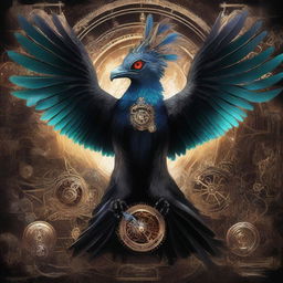 Manifest a highest quality digital art of a black feathered Aarakocra sorcerer, his eyes glowing with arcane energy