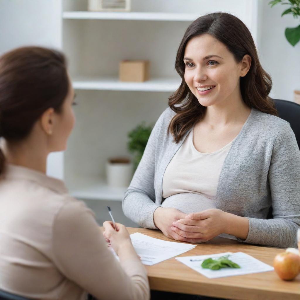 A professional nutritionist discussing dietary habits and providing helpful advice to a pregnant woman, both seated in a comfortable, welcoming office setting