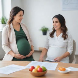 A professional nutritionist discussing dietary habits and providing helpful advice to a pregnant woman, both seated in a comfortable, welcoming office setting