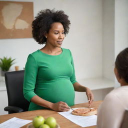 A professional black nutritionist, delivering dietary advice to a pregnant woman clad in a graceful green dress, within a warmly decorated office setting