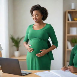 A professional black nutritionist, delivering dietary advice to a pregnant woman clad in a graceful green dress, within a warmly decorated office setting