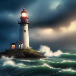 A captivating digital art poster featuring a lighthouse, a storm, and the theme of going home