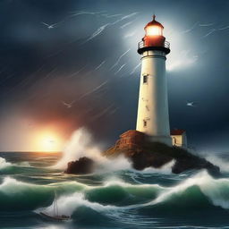 A captivating digital art poster featuring a lighthouse, a storm, and the theme of going home