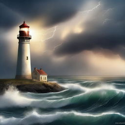 A captivating digital art poster featuring a lighthouse, a storm, and the theme of going home