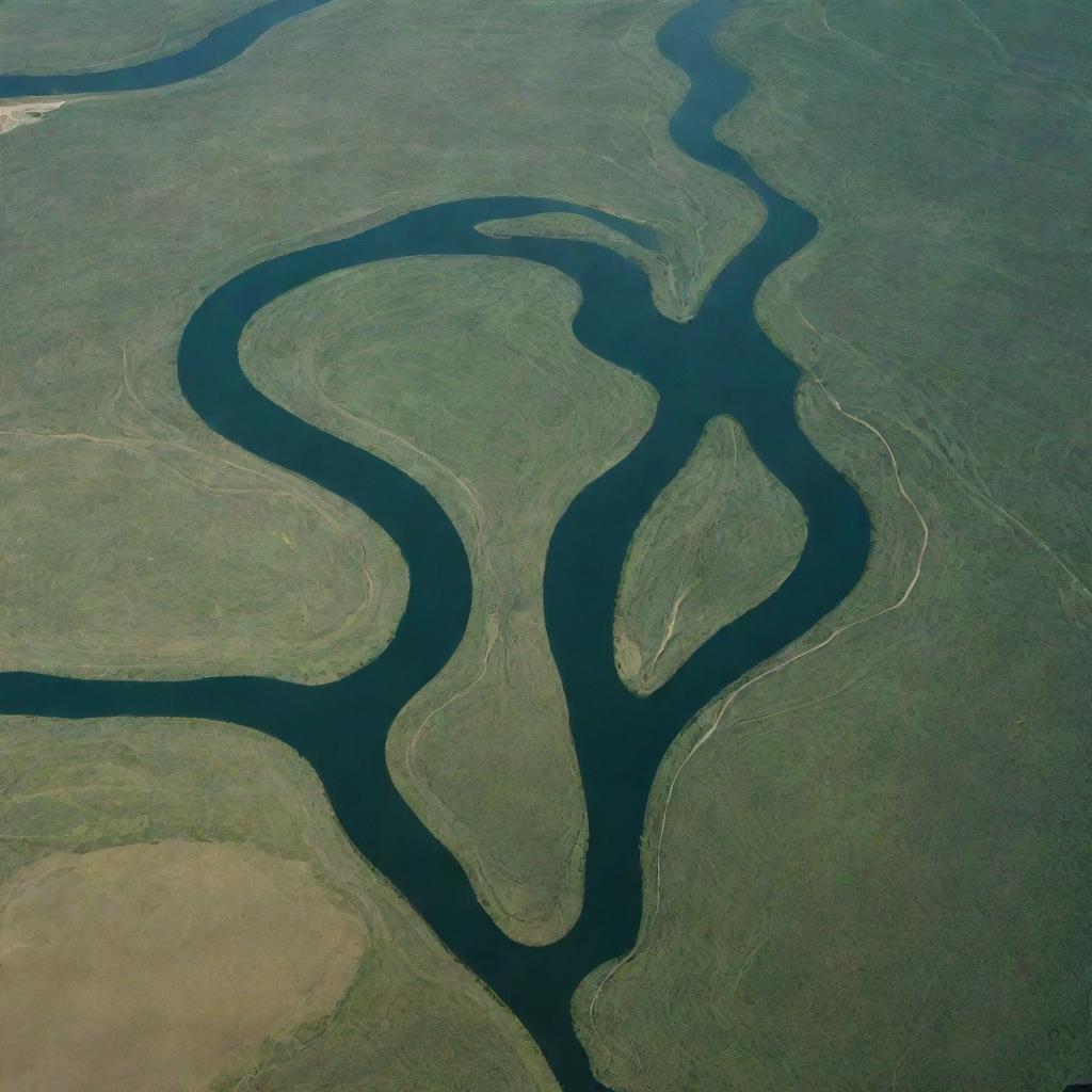 A detailed aerial view of a river illustrating various geomorphological features such as meandering curves, cutbanks, oxbow lakes, and deposition bars.