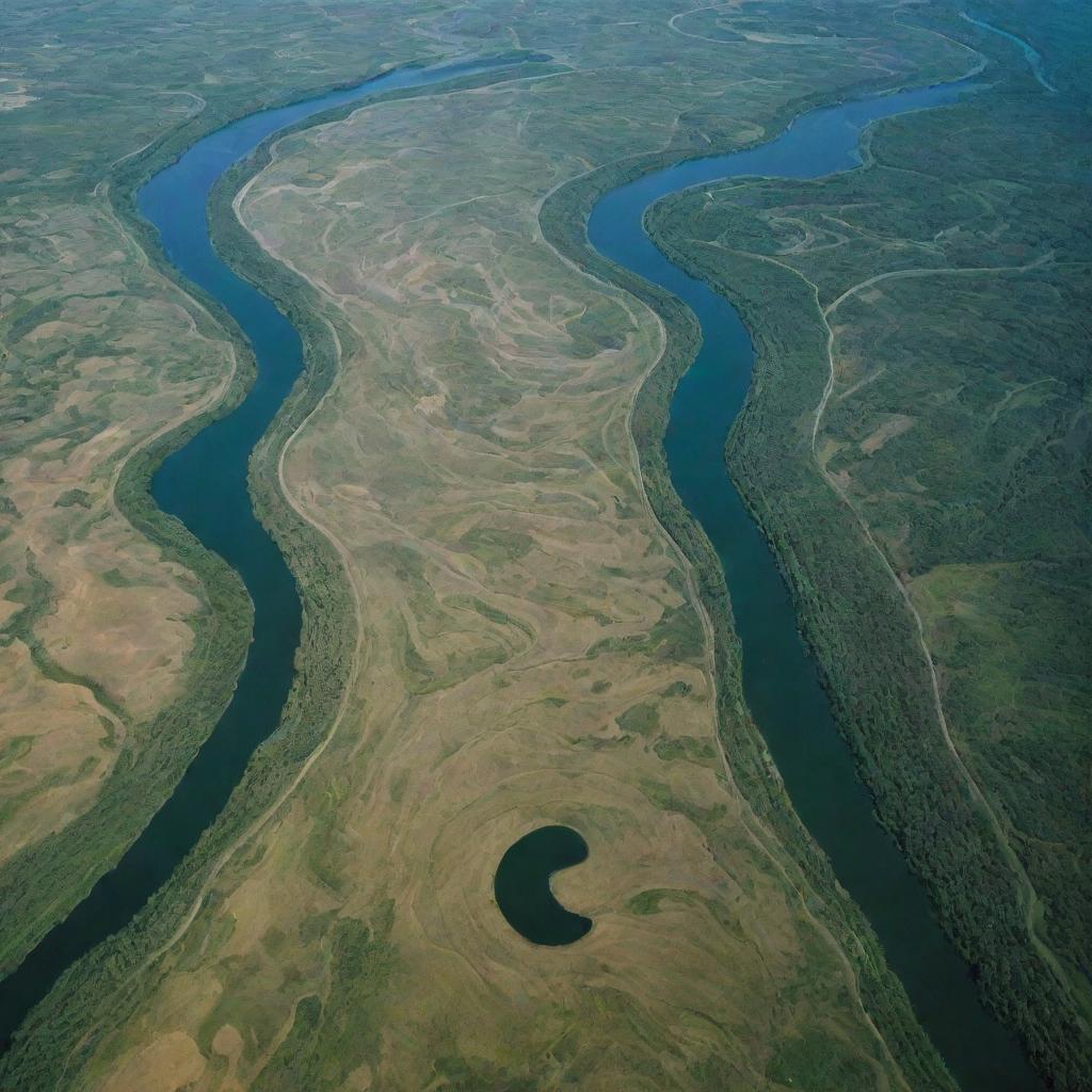 A detailed aerial view of a river illustrating various geomorphological features such as meandering curves, cutbanks, oxbow lakes, and deposition bars.