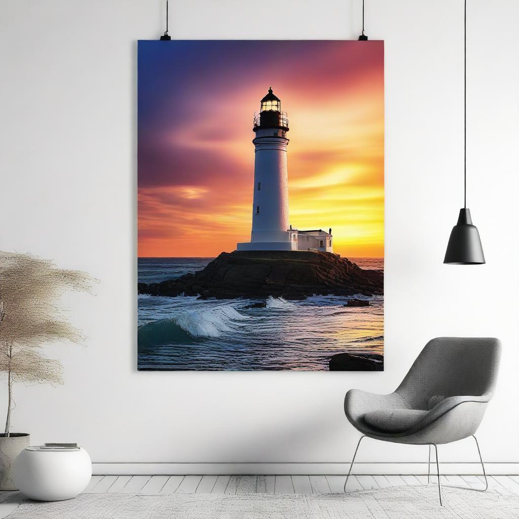 A captivating digital art poster featuring a majestic lighthouse