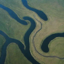 A detailed aerial view of a river illustrating various geomorphological features such as meandering curves, cutbanks, oxbow lakes, and deposition bars.