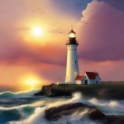 A captivating digital art poster featuring a majestic lighthouse