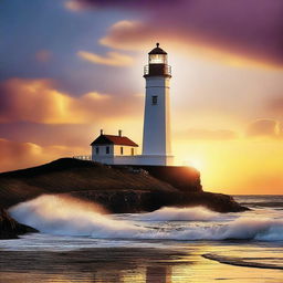 A captivating digital art poster featuring a majestic lighthouse