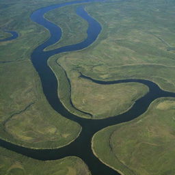 A detailed aerial view of a river illustrating various geomorphological features such as meandering curves, cutbanks, oxbow lakes, and deposition bars.