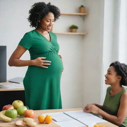 A professional black nutritionist educating a pregnant woman, who is wearing a flowing green dress, on good dietary habits in a comfortable, well-lit office