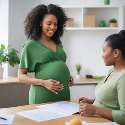 A professional black nutritionist educating a pregnant woman, who is wearing a flowing green dress, on good dietary habits in a comfortable, well-lit office