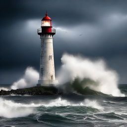 An intense digital art poster featuring a lighthouse amidst a storm