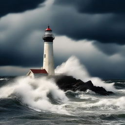 An intense digital art poster featuring a lighthouse amidst a storm