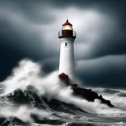 An intense digital art poster featuring a lighthouse amidst a storm