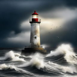 An intense digital art poster featuring a lighthouse amidst a storm