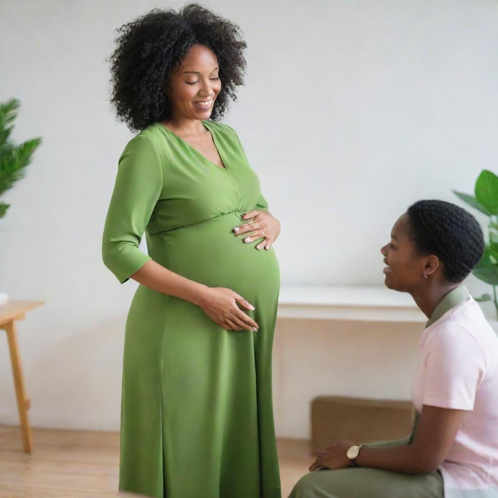 A professional black nutritionist educating a pregnant woman, who is wearing a flowing green dress, on good dietary habits in a comfortable, well-lit office