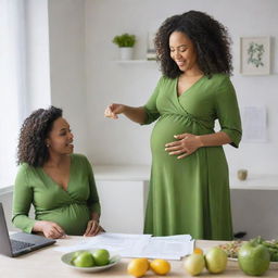 A professional black nutritionist educating a pregnant woman, who is wearing a flowing green dress, on good dietary habits in a comfortable, well-lit office