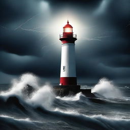 A dramatic digital art poster featuring a lighthouse standing tall in a stormy night