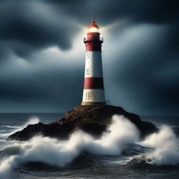 A dramatic digital art poster featuring a lighthouse standing tall in a stormy night