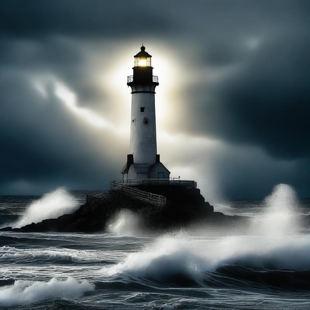 A dramatic digital art poster featuring a lighthouse standing tall in a stormy night