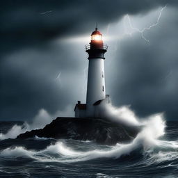 A dramatic digital art poster featuring a lighthouse standing tall in a stormy night