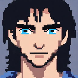 A high-quality, pixel art image of a character with black hair and blue eyes