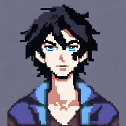 A high-quality, pixel art image of a character with black hair and blue eyes