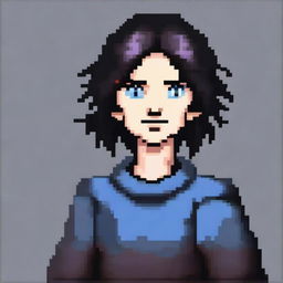 A high-quality, pixel art image of a character with black hair and blue eyes