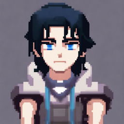 A high-quality, pixel art image of a character with black hair and blue eyes